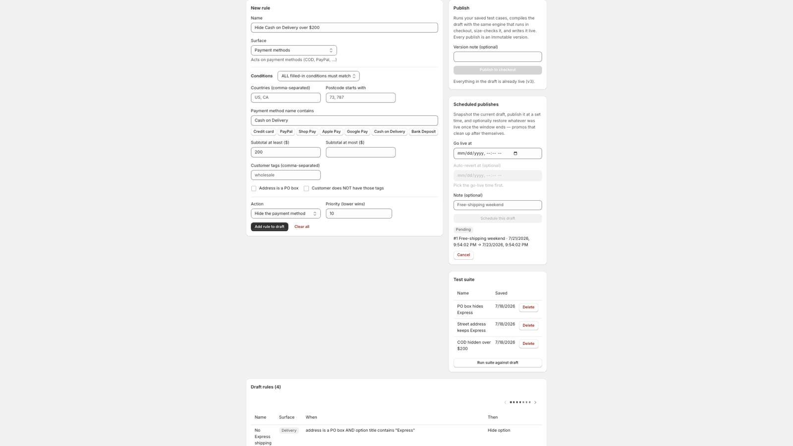 Drydock rule builder: hide Cash on Delivery over $200