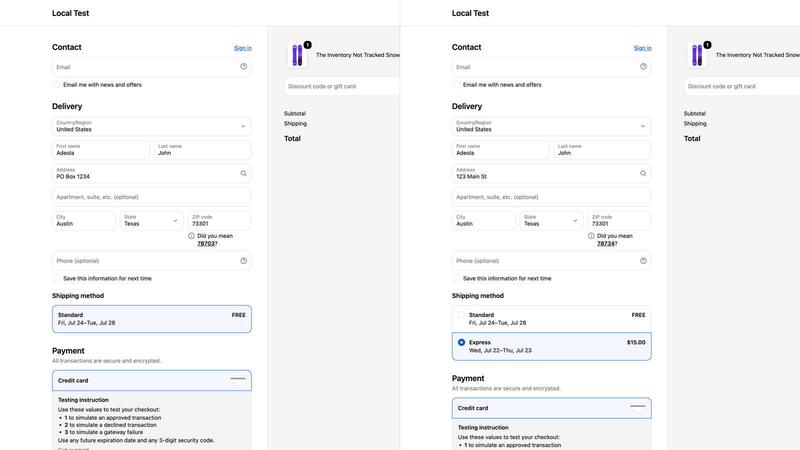 Real Shopify checkout: PO box hides Express; street address restores it