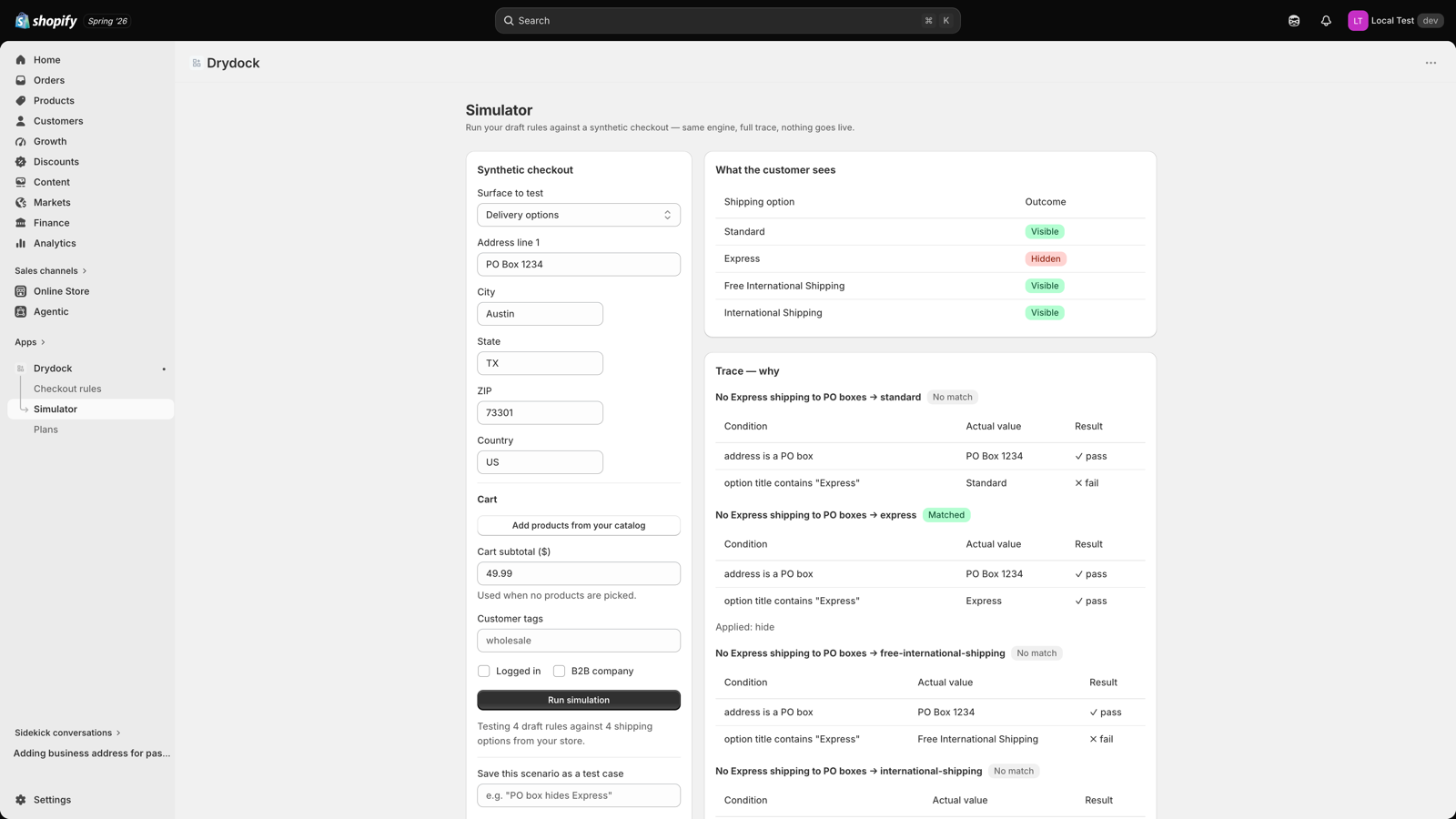 Drydock simulator: Express hidden for a PO box, with the trace