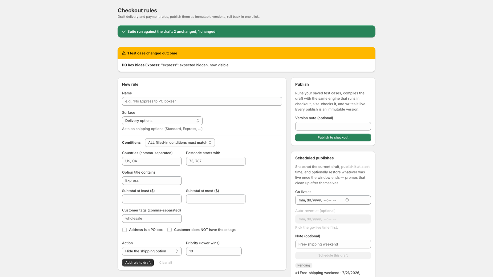 Drydock publish check: a saved test case caught a changed outcome