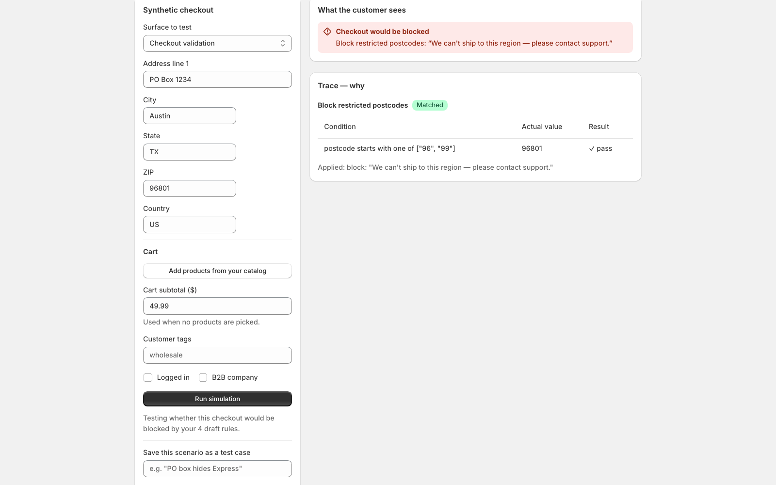 Drydock simulator: Block checkout for restricted ZIP codes